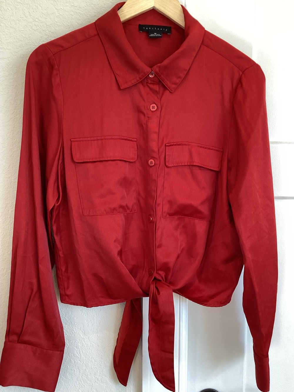Sanctuary Button Down Tie Waist Blouse Silky Collared Long Sleeve Medium Red